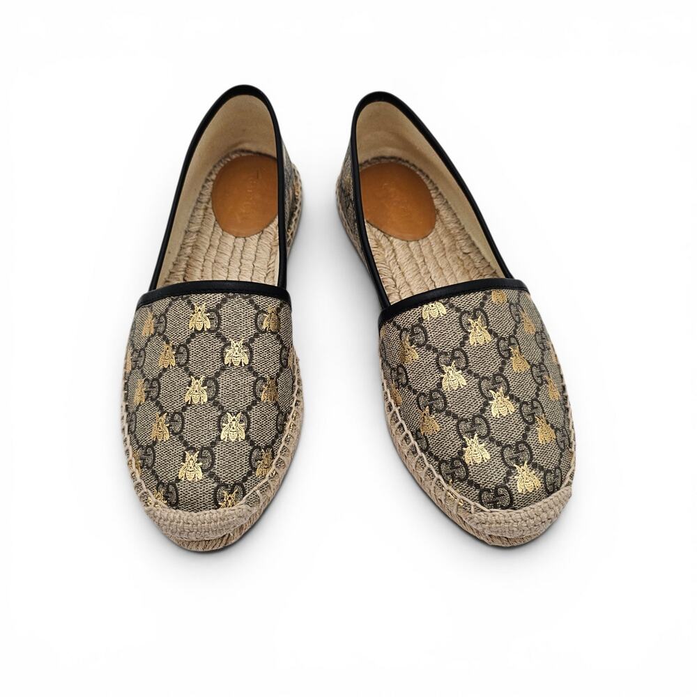 Gucci GG Supreme Canvas Bee Espadrille Flat Beige Brown Gold Slip On Size 37 7